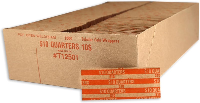 Huron Flat Coin Wrapper, Quarter Rolls $10 Orange (250 pcs) - Image 1